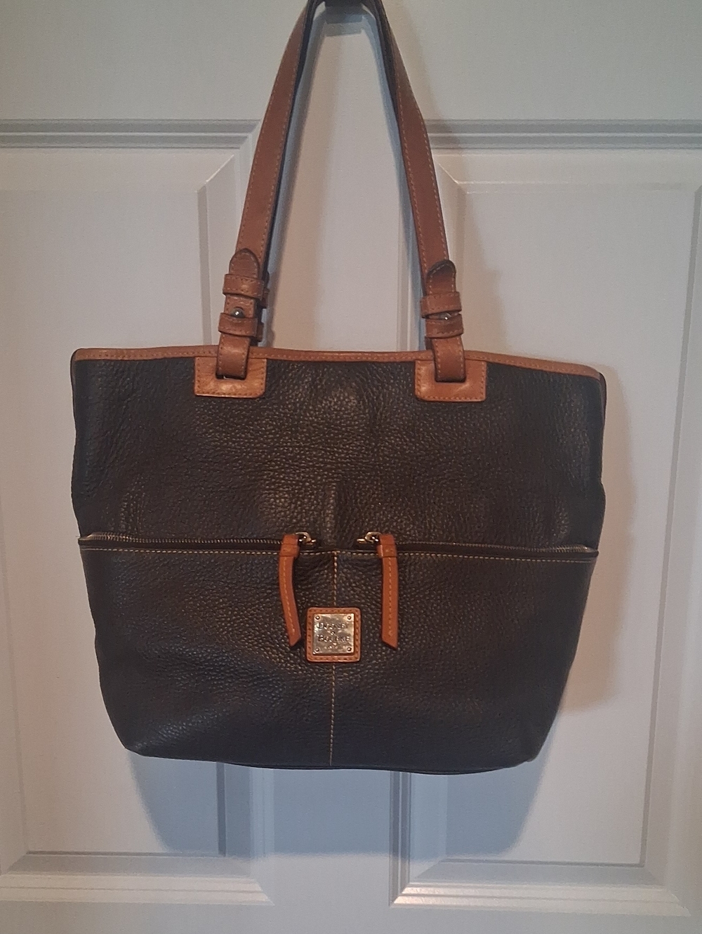 Dooney and Bourke Classic Leather Tote Bag with Tan Trim - Dark Brown
